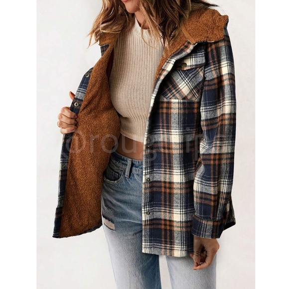 Navy Blue Brown Plaid Teddy Lining Hooded Jacket Flap Pockets Long Sleeves